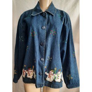 NewDirections Denim Jacket Shacket Holiday snowman Womens L  Buttons